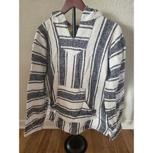 Iguana Jack Baja Hoodie Womens Large Black White Striped Drug Rug Pullover NEW